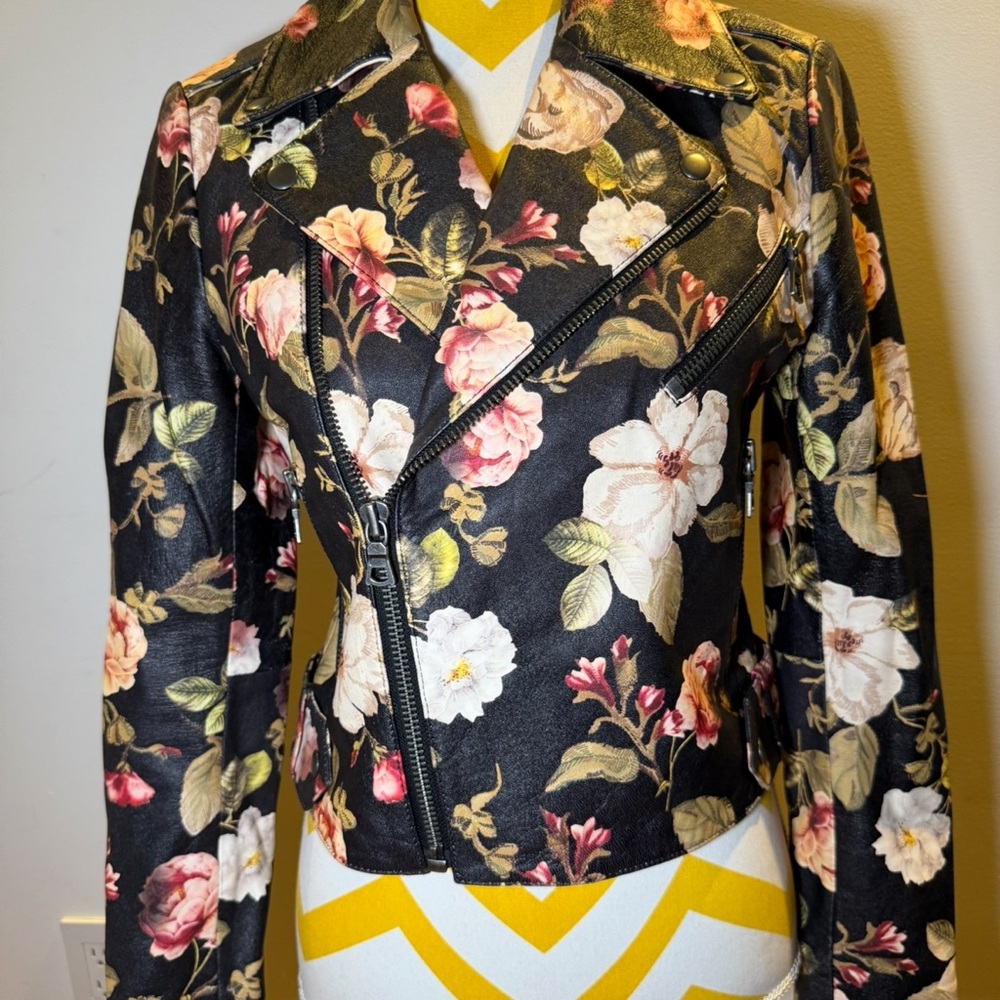 Alice + Olivia Black Cody Floral Leather Jacket